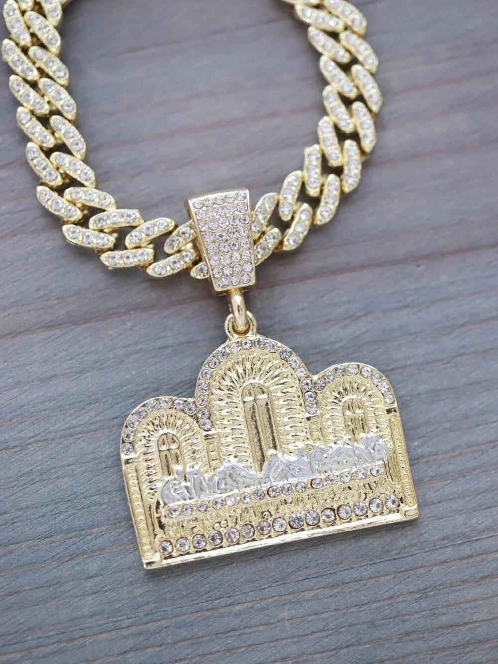Last Supper Temple Design Pendant Iced Out Chain Necklace 18k Gold Plated
